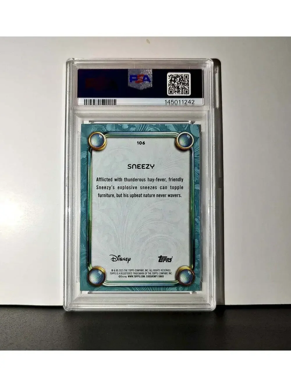 Sneezy 2025 Topps Disney #106 Diamond Card Snow White and the Seven Dwarfs PSA 9